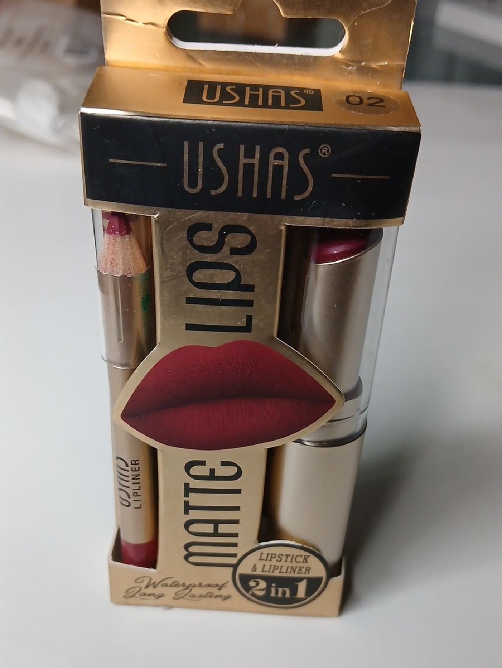 2-in-1 Matte Lipstick & Lipliner - Deep Berry Red (02) By Ushas. Waterproof